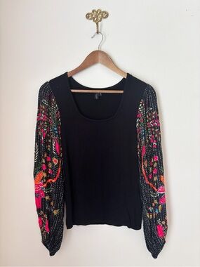 Bl^nk London Palm Tree Print Balloon Sleeve Sweater Knit Top XS
